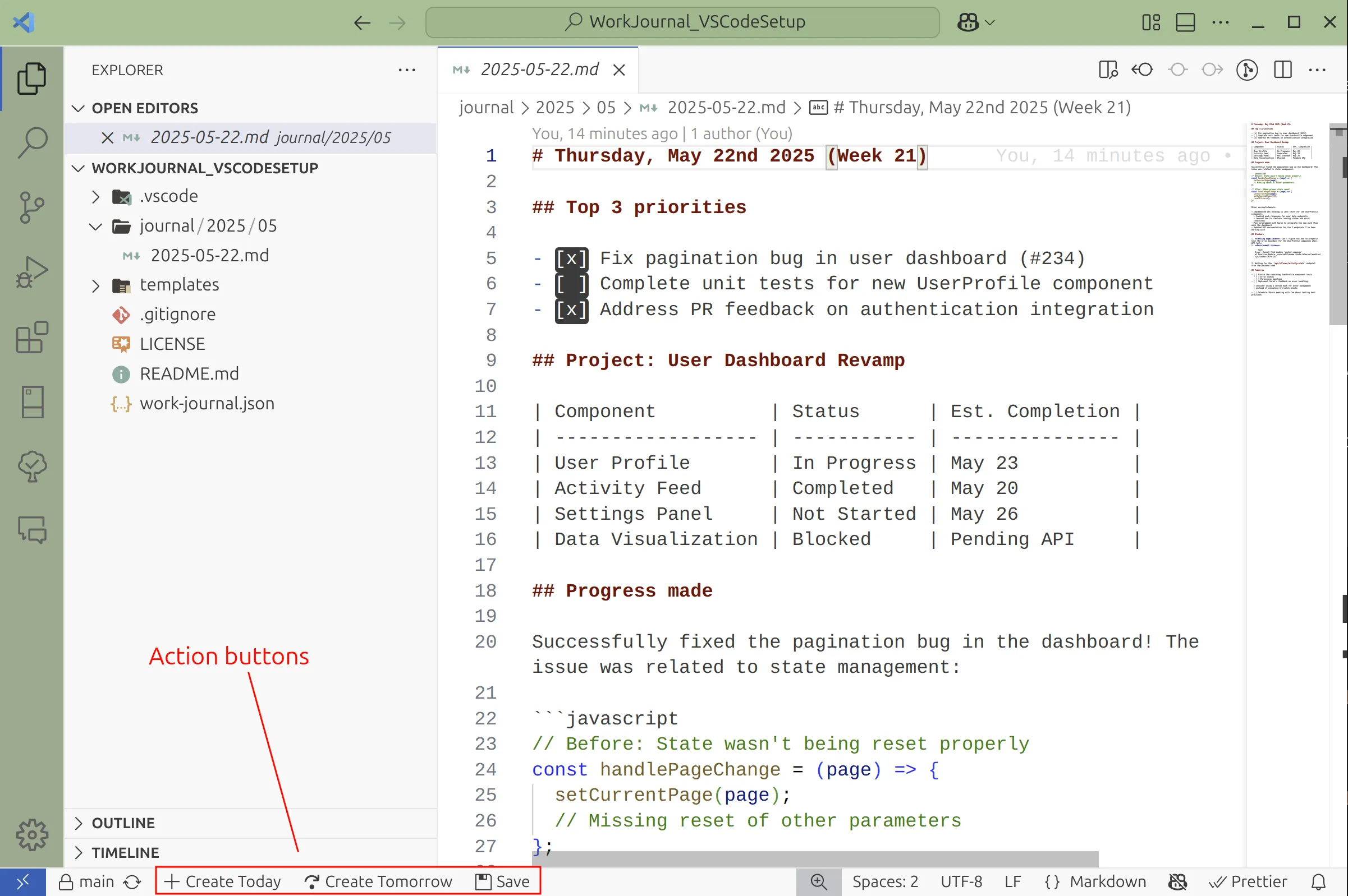 Screenshot of the action buttons that I use in my work journal setup