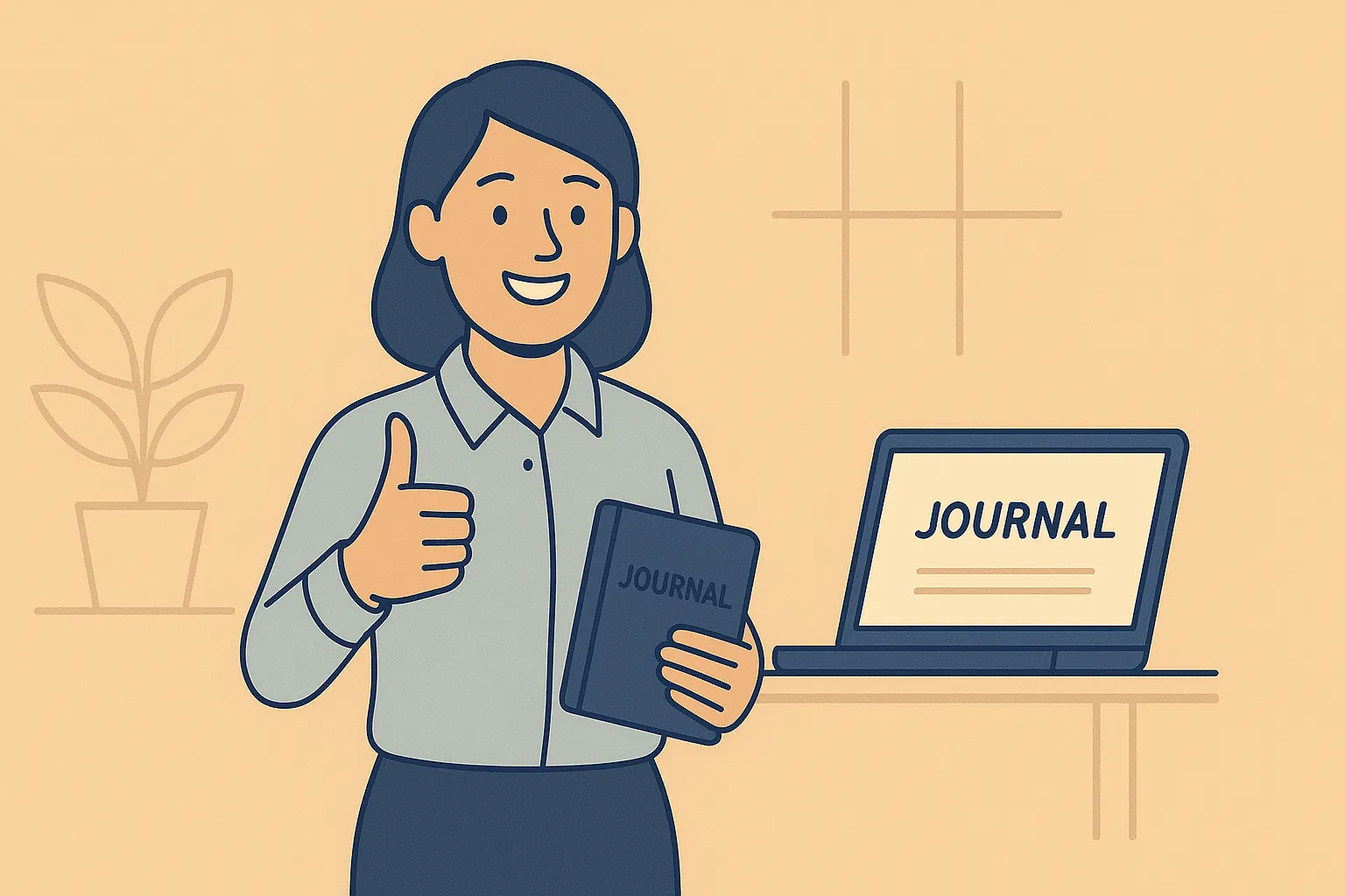 Wide illustration of a smiling person giving a thumbs-up while holding a journal, subtle office background