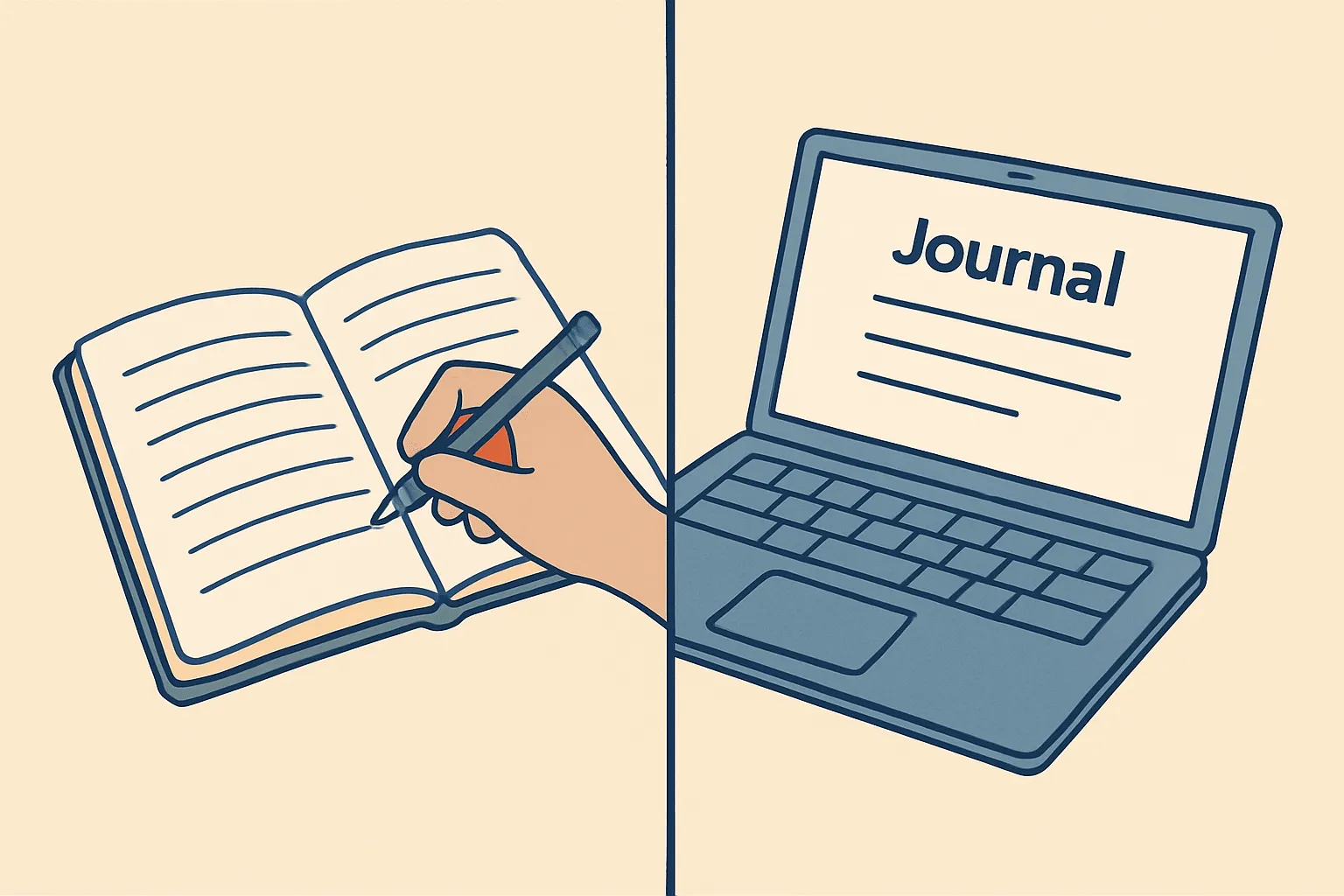 Split illustration with a vertical line: on the left a hand writes in a paper notebook, on the right a laptop displays a digital journal interface