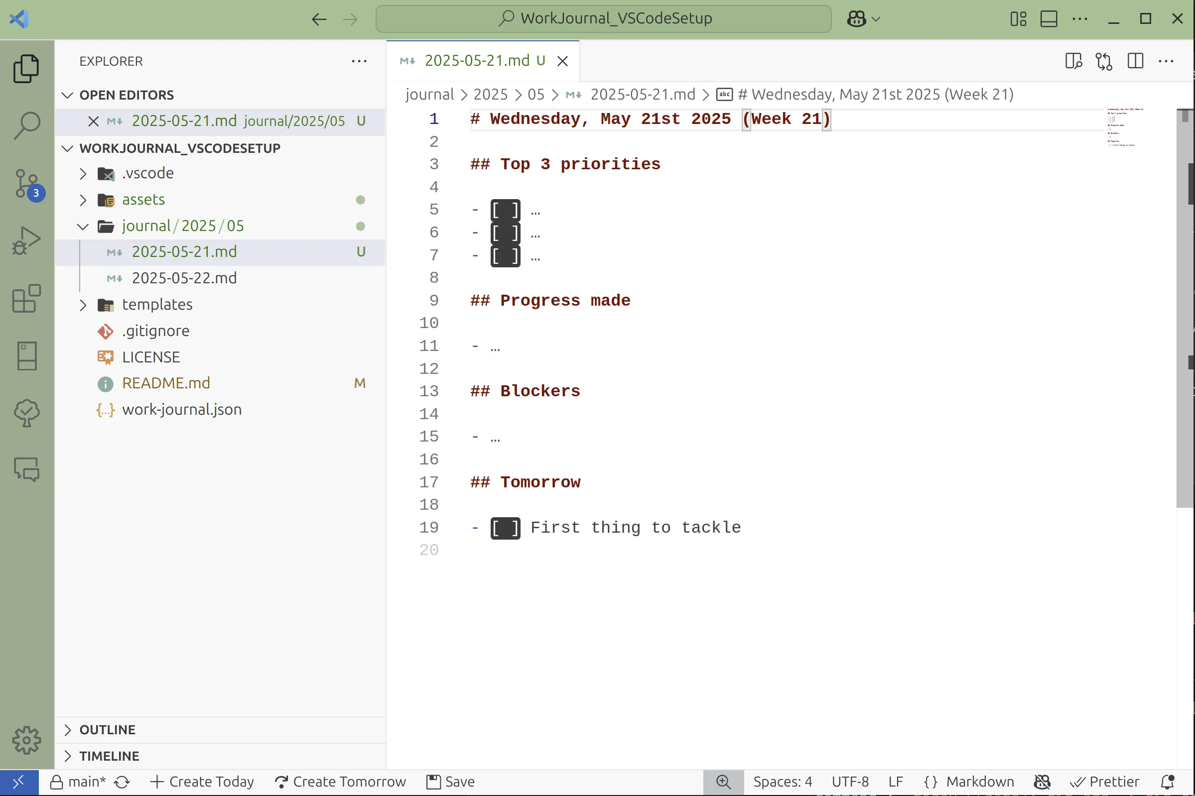 Screenshot of my work journal setup